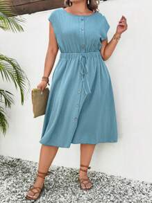 SHEIN LUNE Vestido casual corte A de longitud media con cuello redondo, mangas cortas y cintura con lazo para mujer de talla grande en color liso