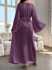 Al Najma Váy dài tay loe màu trơn thanh lịch dành cho nữ, mùa xuân/hè, váy chữ A thanh lịch khiêm tốn theo phong cách Ả Rập, dành cho tiệc tối/khách dự tiệc cưới/kỷ niệm/mặc hàng ngày - Màu tím - Xem 2