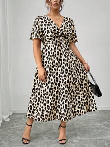 Firerie Plus Size Fall Vintage Leopard Print Kortärmad Kink Cinched midja Klänning - Aprikos - Visa 2