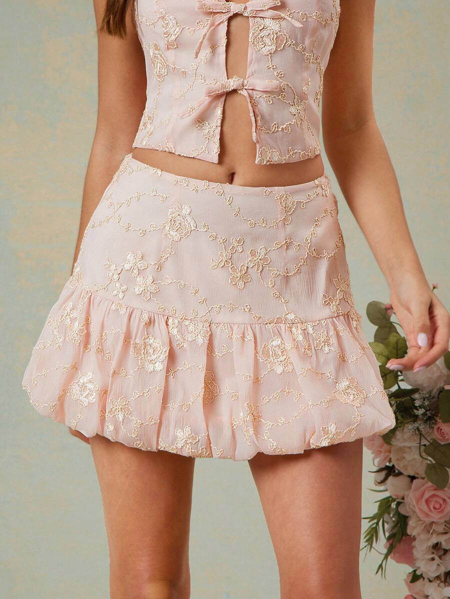 L'Amorae 优雅花卉提花泡泡下摆夏季迷你裙，女士夏季服装