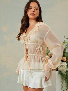 L'Amorae بلوزة ربيعية ذات أكمام منبثقة منمقة متموجة شبه شفافة ولامعة