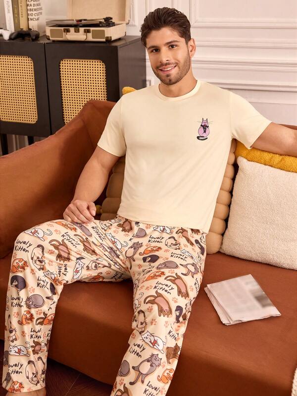 Happy Jammies Men's Cartoon Cat Print Short Sleeve Pants Pajama Set