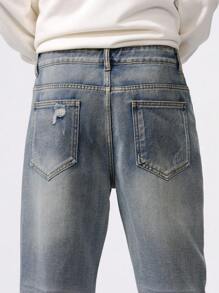 Manfinity Homme Men's Straight Leg Distressed Pocket Casual Versatile Jeans - Light Wash - View 8