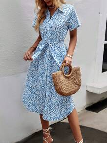 Breezaya 碎花系带前纽扣连衣裙长款女装 - 藍色 - 查看 5