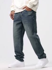 Manfinity Homme Men's Casual Straight Leg Distressed Jeans With Pockets - Medium Wash - View 1