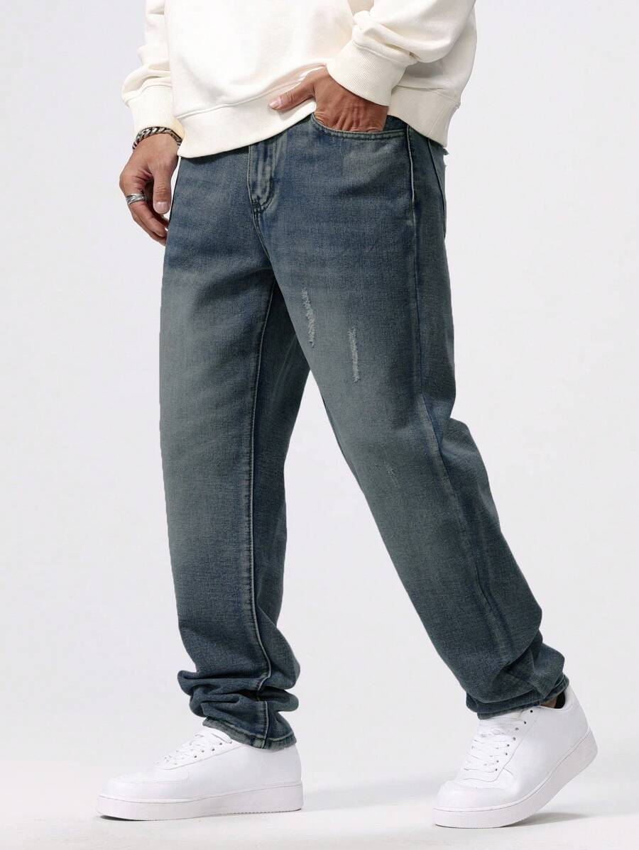 Manfinity Homme Men's Casual Straight Leg Distressed Jeans With Pockets - Medium Wash - View 1