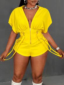 Maweii 加上蝙蝠袖连帽上衣和吊袜带细节系带短裤 - 黃色 - 查看 4