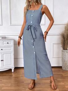 SHEIN LUNE Vestido casual de vacaciones para mujer con tirantes de colores contrastantes, rayas y botones adelante con nudo a la cintura