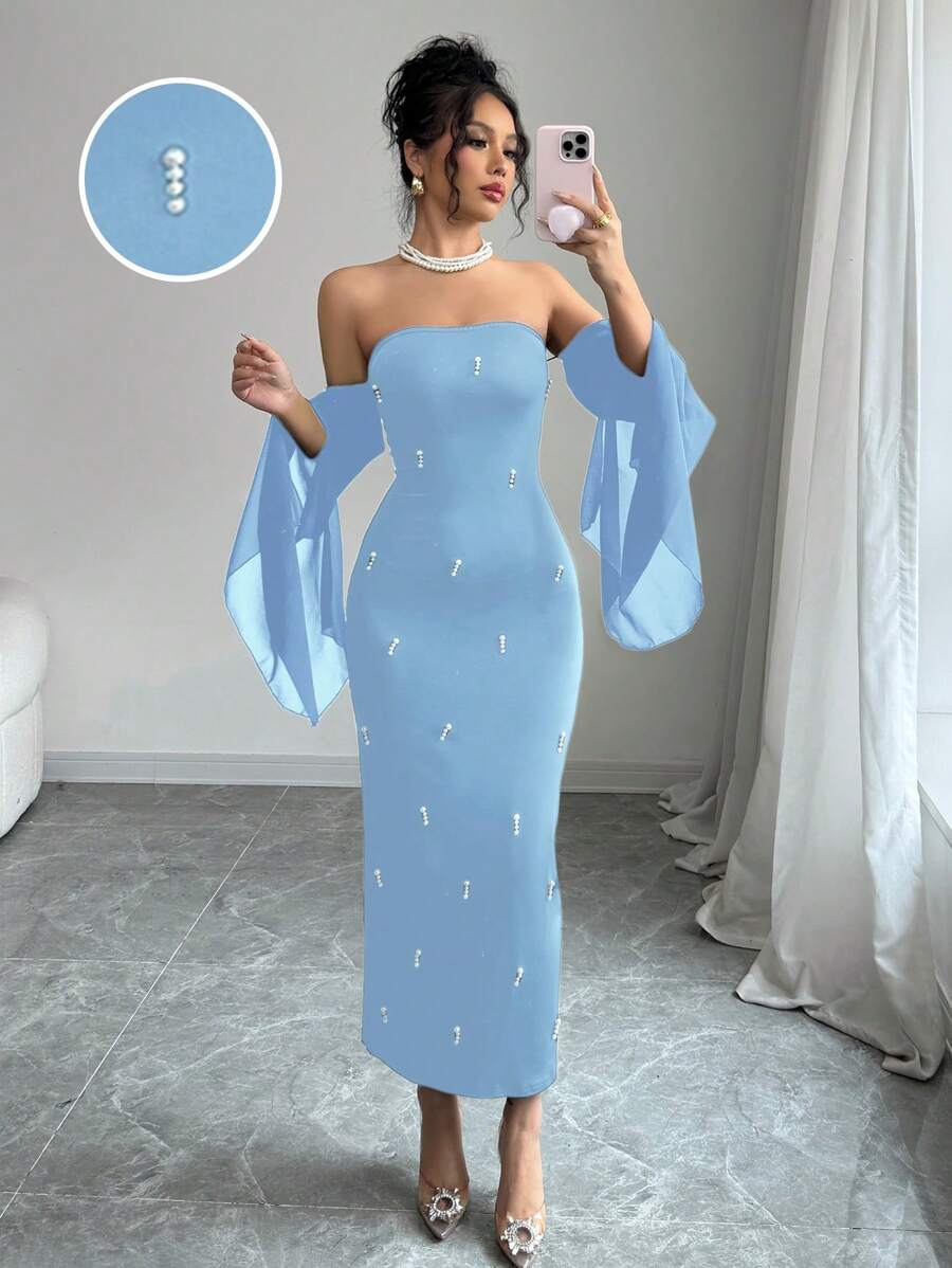 Rafferiza 女士优雅露肩仿珍珠串珠黑色性感紧身可爱派对舞会抹胸雪纺透明喇叭袖 2025 新款长裙 - 藍色 - 查看 1