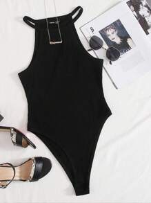 SHEIN EZwear Women's Solid Color Rib-Knit Halter Bodysuit - Black - View 6