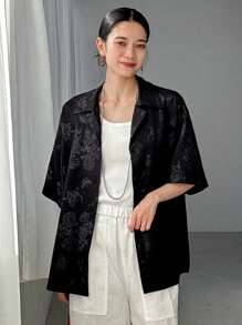 FRIFUL Áo sơ mi đen in hoa cỡ lớn cho nữ, áo mùa hè - màu đen - Xem 3