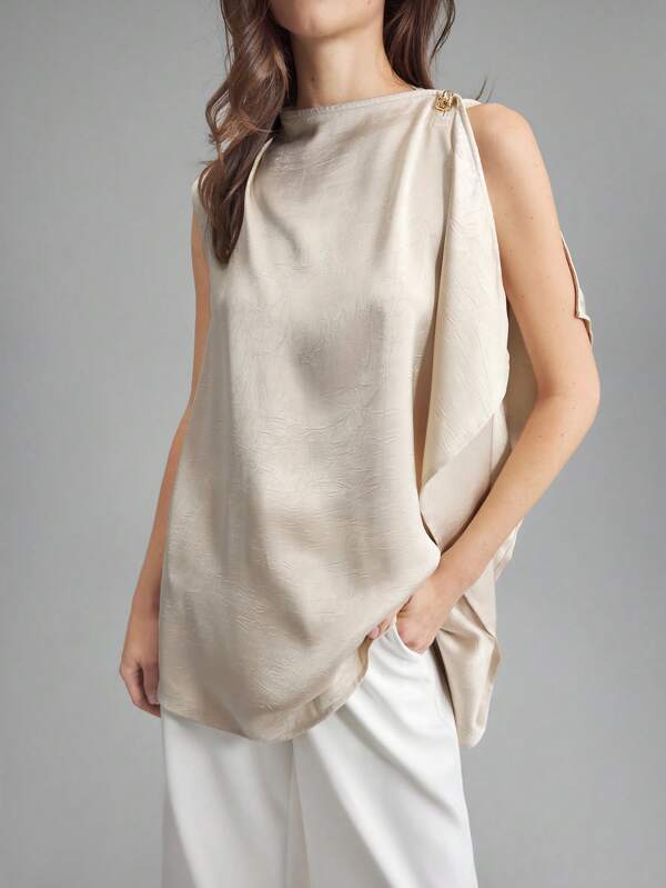 Ontre Women's Elegant Off Shoulder Sleeveless Top In Champagne/Apricot Color, Asymmetrical Design, Metal Button Accent, Stretch Fabric, Suitable For Spring/Summer Daily Wear