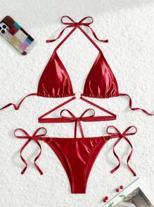 Swim SXY Springbreak 女士新款性感纯红色系带两件套比基尼泳装套装 - 酒紅色 - 查看 5