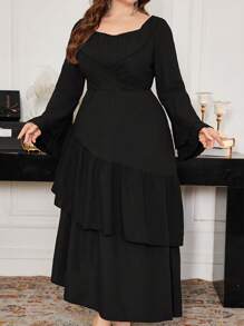 Modelyn Plus Size Women Flounced Ruffled Flare Sleeve Elegant Dress, Spring/Summer - Black - View 6