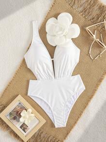 SHEIN Swim 1 pieza Elegante traje de baño blanco de vacaciones con detalles de gran lazo para mujer - Blanco - Ver 8