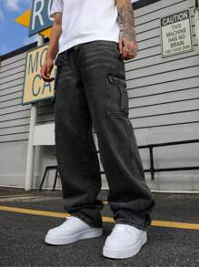 Manfinity EMRG Jeans de mezclilla casuales y sencillos con múltiples bolsillos para hombre, para uso diario