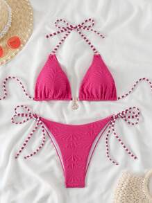 Swim Vcay Spring Break Summer Beach Sling Triangle Strap Side Stripe Print With Textured Fabric Metal Shell Pendant Bikini Set - Multicolor - View 9