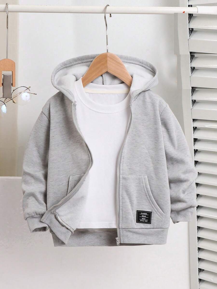 SHEIN 男孩休閒舒適帶帽拉鍊運動衫 - 灰色 - 查看 1