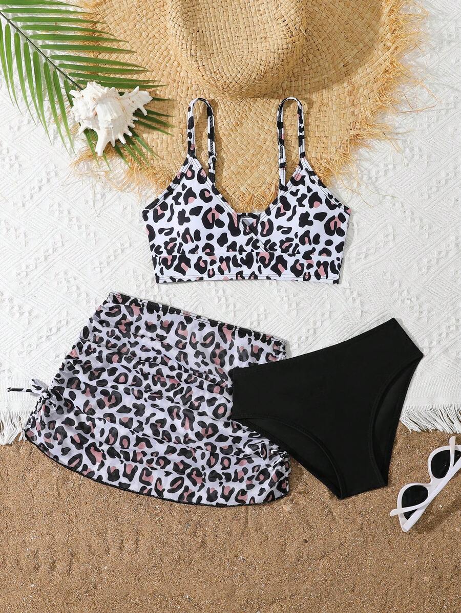 Set de 3 piezas Traje de baño tipo tankini con estampado para niña preadolescente - Negro - Ver 1