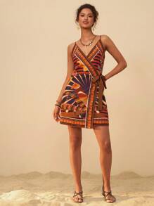 Travachic Women's Holiday Casual Tropical Print Tie Wrap Cami Mini Dress,Beach Women Outfits,Western Wear Women, Sun Dresses For Women Women Mini Dresses,Vacation