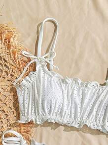 Swim Mod Summer Beach Vacation Outfits For Women, Solid Color Mesh Fabric Adjustable Shoulder Straps Ruffles Bowknot Tie Cute Elegant Bikini - White - View 4