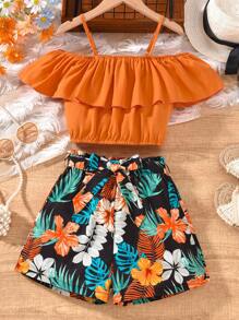 2pcs Tween Girls Orange Off Shoulder Cropped Cami Top & Colorful Tropical Leaf Printed Matching Set, Spring/Summer Holiday