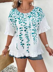 EMERY ROSE Bluzka damska w dużym rozmiarze, luźna, tkana, opadająca na ramiona, z nadrukiem i okrągłym dekoltem, swobodna, letnia - Biały - Zobacz 4