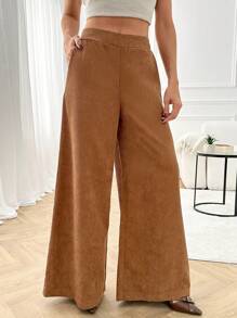EURMUSE Women's Solid Color Casual Loose Corduroy Wide Leg Pants With Pockets - Camel - View 3