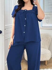 Plus Size Women Hollow Floral Patchwork Square Neck Open Front Ruffle Sleeve Top & Pants Pajama Set - Royal Blue - View 6