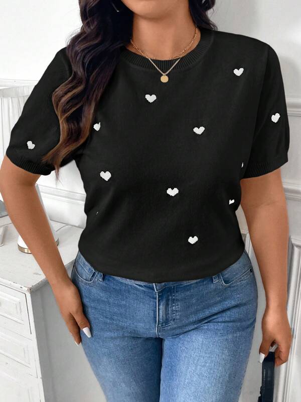 Lounesse Plus Size Women Heart Print Crew Neck Short Sleeve Casual Dzianinowy Sweter, Jesień/Zima