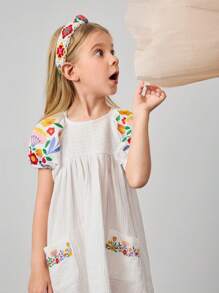 Maija Kids Maija Kids Vestido casual holgado con línea A, manga abullonada y bordados para niñas jóvenes, moda streetwear, apto para uso diario, viajes, escuela, hogar, estilo campestre
