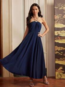 Anewsta Elaire 女士夏季新款 V 领连衣裙，收腰修身宴会礼服，朴素“老钱”风格，适合婚礼宾客 - 藍色 - 查看 5