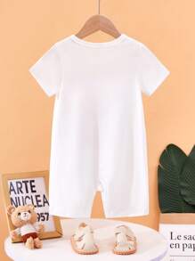 SHEIN 2pcs Baby Boys Cute Bear Graphic Short Sleeve Romper Suit With Hat, Suitable For Everyday, Casual Home Wear & Outdoor Activities, Spring/Summer