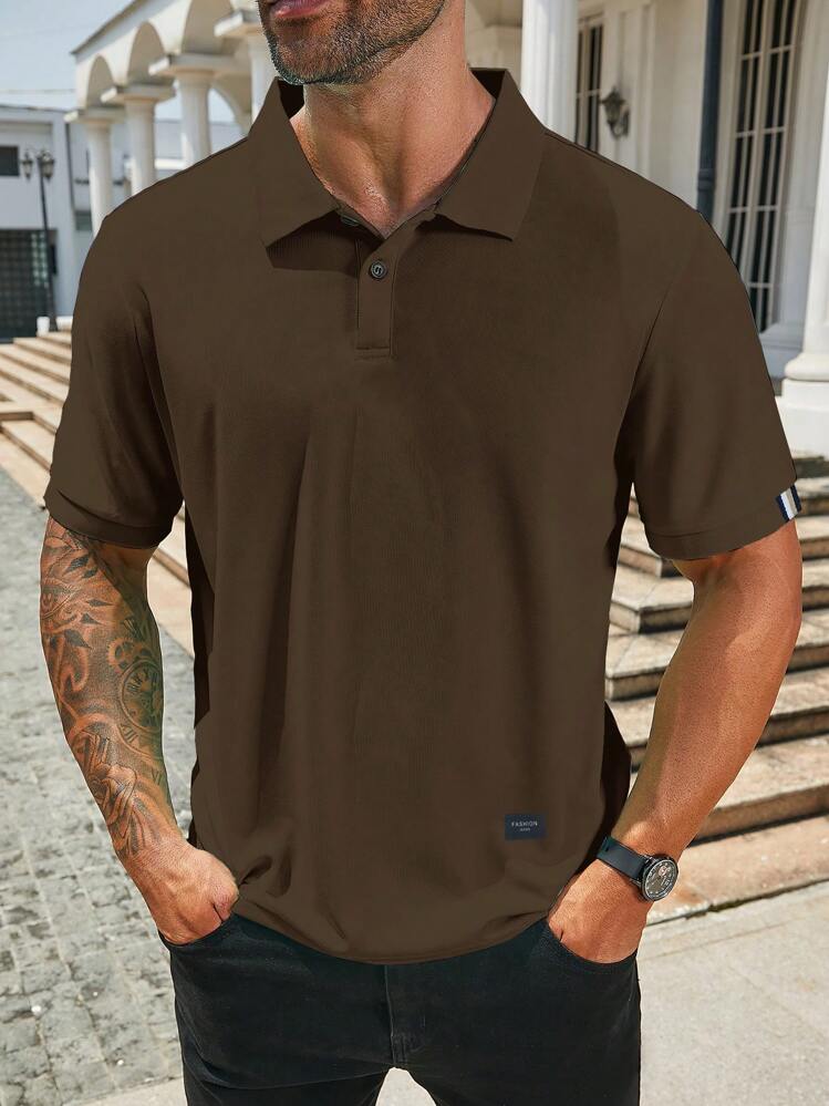 Manfinity Homme Men's Casual Versatile Solid Color Short Sleeve Polo Shirt - Khaki - View 1