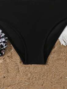 Set de 3 piezas Traje de baño tipo tankini con estampado para niña preadolescente - Negro - Ver 3