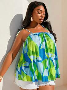 SHEIN SXY Plus Size Women's Sexy Suspenders, Colorful Color Block Stitching Pattern, Pleated Fabric, Loose And Elegant Suspenders,Suitable For Early Spring, Spring And Summer, Rainforest, Beach Party, Seaside Vacation, Bonfire Party, Cool And Light, Slim Fit, Comfortable To Wear,Easy To Match&Looks Slim,Accent Your Body,Flatter The Figure - Multicolor - View 4