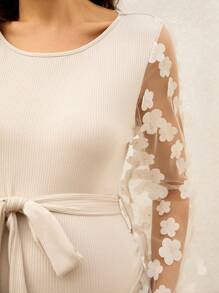 SHEIN Maternity Elegant Solid Color 3D Floral Mesh Patchwork Fitted Dress - Apricot - View 6