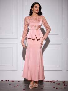 Modelyn 2pcs/Set Women's Romantic Bow Blouse And Fish Tail Skirt Suits, Spring/Summer