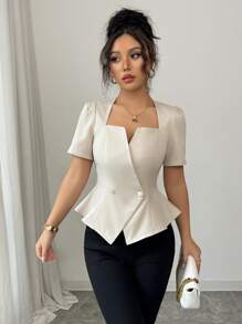 Elenzga Áo sơ mi nữ tay ngắn cổ bẻ nhún bèo chữ A hai hàng khuy thanh lịch cho công sở, thường ngày, nghỉ dưỡng - Màu be - Xem 5