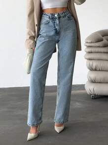 RueChic Jeans casual dritti in vita alta lavati per donna
