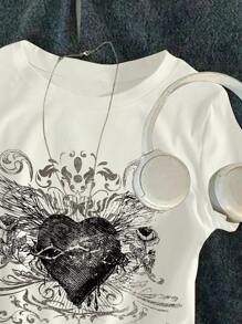 SHEIN Explorewe 1 pieza Camiseta corta de manga corta con cuello redondo y estampado de corazón para niñas, adecuada para uso diario en verano - Blanco - Ver 3