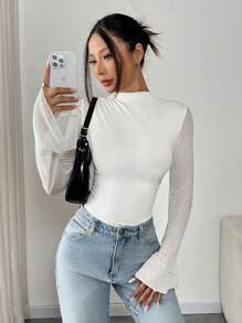 Chiquease Women Metallic Glitter Mesh Ruched Bell Sleeve Bodysuit - White - View 1