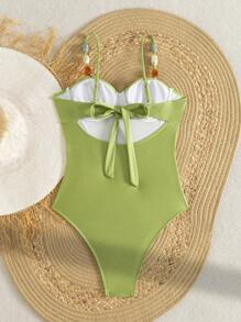 SHEIN Swim 纯色细肩带串珠装饰高开叉连体泳衣，随机颜色海滩波西米亚风节日女士夏季春假装 - 綠色 - 查看 2