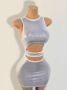 BamGleam Women's 2025 Spring/Summer New Silver Sexy Sleeveless Hollow Out Bodycon Mini Dress, Suitable For Nightclub, Party, Outing - Silver - View 6
