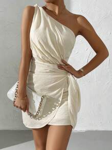 SHEIN Belle Vestido unicolor de un hombro con nudo - Albaricoque - Ver 6