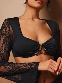 Hauture Women's Elegant Lace Patchwork Bell Sleeve Super Short Tee - Black - View 2