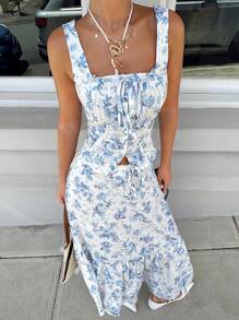 SHEIN Essnce 2 Pieces Set: Ditsy Floral French Style Camisole And A-Line Skirt For Women, Spring/Summer