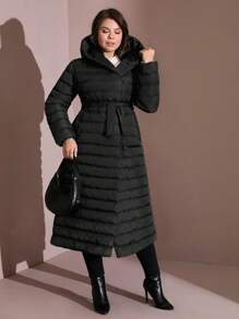 EURMUSE Women's Plus Hooded Longline Puffer Thick Pockets Belted Buttoned Winter Coat