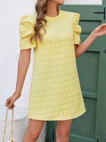 Ellevyn Women's Elegant Textured Floral Jacquard Gigot Sleeve Loose Short Dress - Yellow - View 11