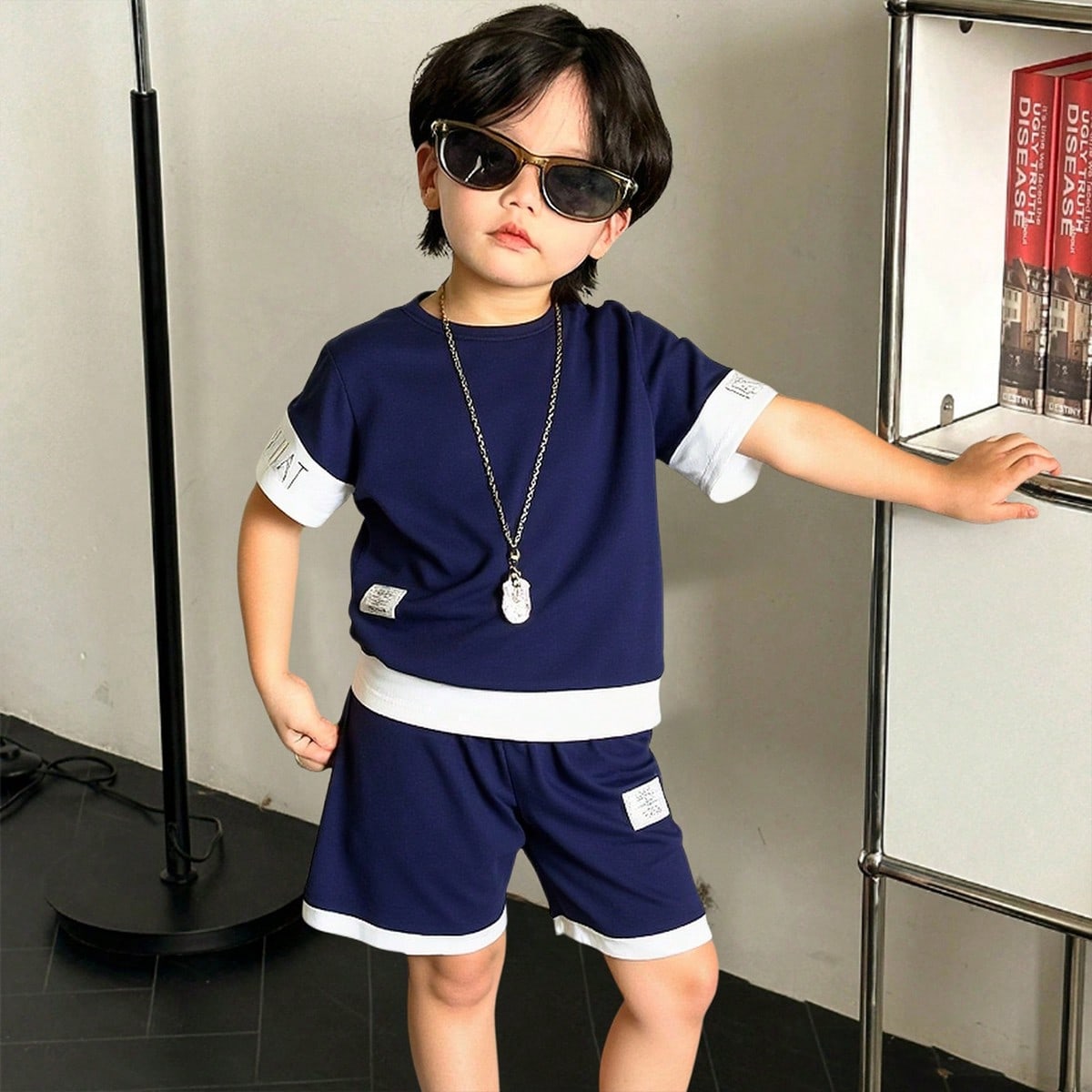 Set de 2 piezas con parte superior de manga corta de cuello redondo y pantalones cortos con parche para niño pequeño, adecuado para escapadas de ver